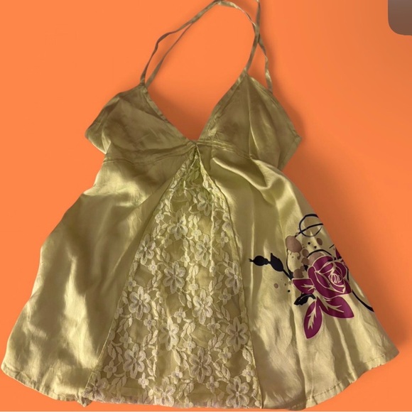 Tops - Satin Lace Halter Camisole with Floral Print - Light Olive